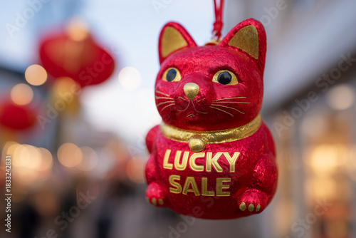 A red lucky cat ornament with gold accents and the words 'LUCKY SALE' hangs outdoors. The background is blurred, featuring festive lights and lanterns.