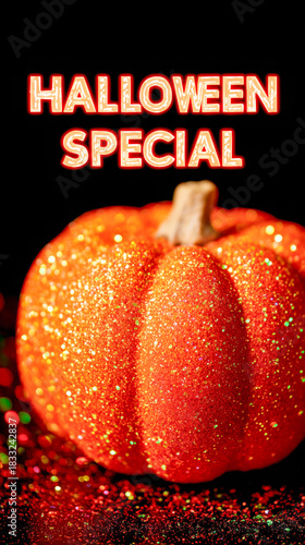 A sparkling orange pumpkin covered in glitter is featured with bold text reading 'Halloween Special' above it. The image has a festive and vibrant Halloween theme.