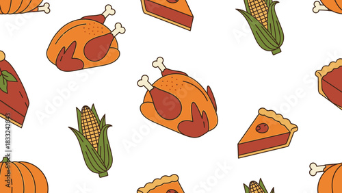 Seamless pattern featuring Thanksgiving foods: turkey, pumpkin, corn, and pie slices on a white background.