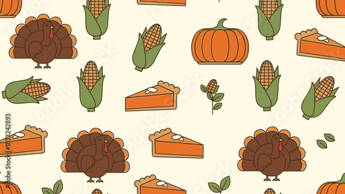 Thanksgiving holiday pattern with pumpkin pie, turkey, and corn illustrations