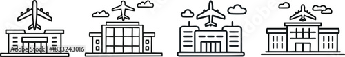 Airport terminal icon with airplane symbol using bold line design representing travel aviation transportation facility graphic