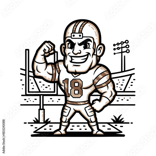Cartoon football player flexing muscles on a football field.