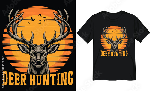 Majestic Deer Head Portrait and Sunset Horizon Hunting Graphic