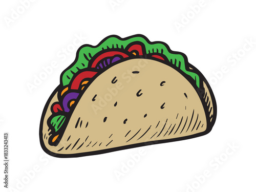 Hand-drawn colorful taco illustration with fresh lettuce, tomato and fillings, vintage comic doodle style for Mexican menus.
