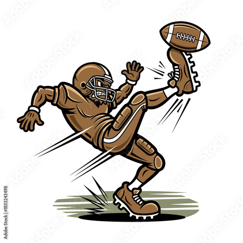 Dynamic cartoon illustration of an American football player in uniform kicking a ball.