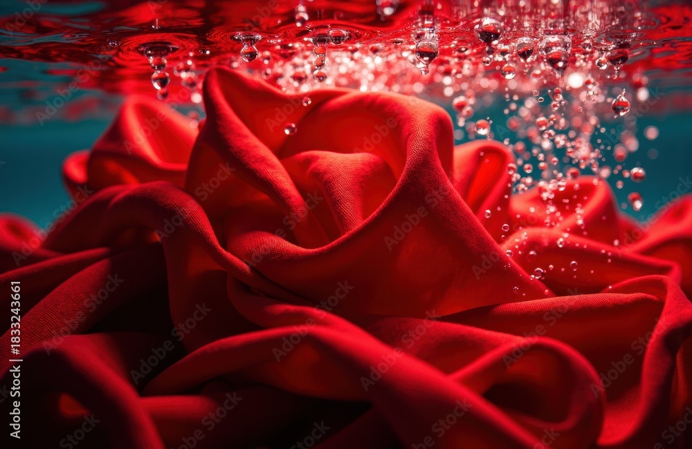 Naklejka premium Red rose underwater blooms with bubbles and vivid crimson tones, luminous and rich