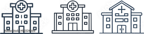 Hospital building icon with bold silhouette and cross sign representing medical facility healthcare service location graphic