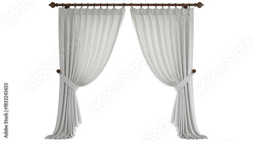 Elegant white sheer curtains tied back isolated on transparent background