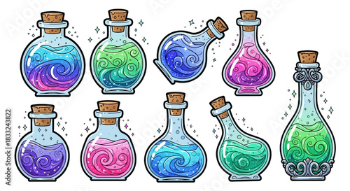 Colorful Glass Potion Bottles Illustrated in a Vibrant Fantasy Chemistry Collection on a Clean White Background