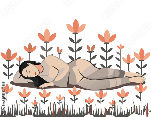 Peaceful Sleeping Woman in a Field of Coral Flowers with Tall Grey Stems on a Black Background Minimalist Vector Art Style