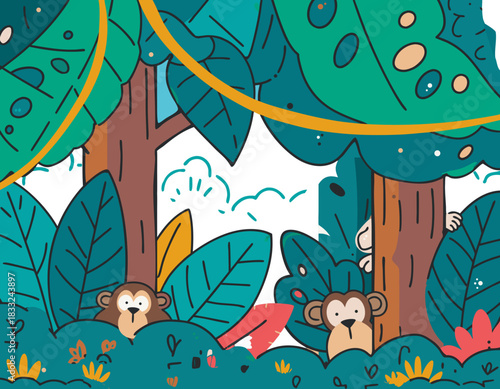 Charming cartoon illustration of two monkeys peeking through lush green jungle foliage with a hint of orange vine against a dark forest background perfect for children's themes and wildlife designs