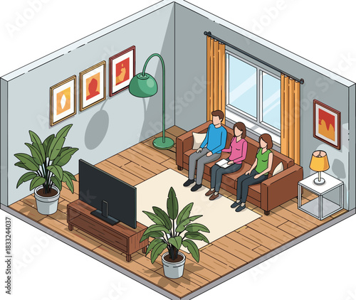 Isometric living room interior with family watching TV, modern home furniture decor, cozy sofa plants window scene illustration design