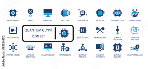 Quantum computing vector icon set, chip, qubit, entanglement, and logic. Featuring quantum algorithm, processor, nanocircuit, security, and advanced computing graphics.