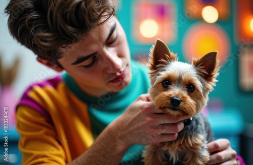 Man grooming small terrier dog in colorful indoor setting with soft lights
