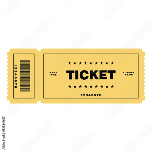 Yellow gold festival ticket design vector illustration. Admission pass or stub template for a Sunday concert or event. Isolated object with decorative stars, a serial number, and a full barcode