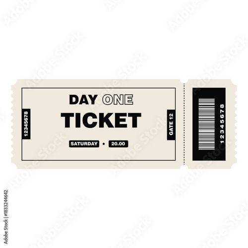 Minimalist vintage admission ticket vector illustration. Day One concert pass or coupon design, perfect for music festivals and exclusive events. Isolated object with gate and barcode details