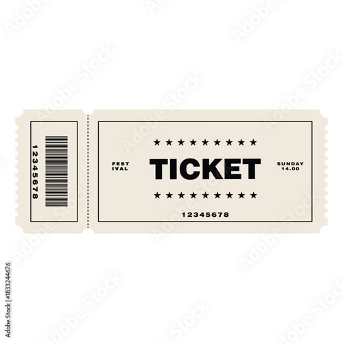 Neutral beige cream festival ticket design vector illustration. Vintage event admission pass for a Sunday daytime show. Isolated object featuring star details and a clear barcode for entry