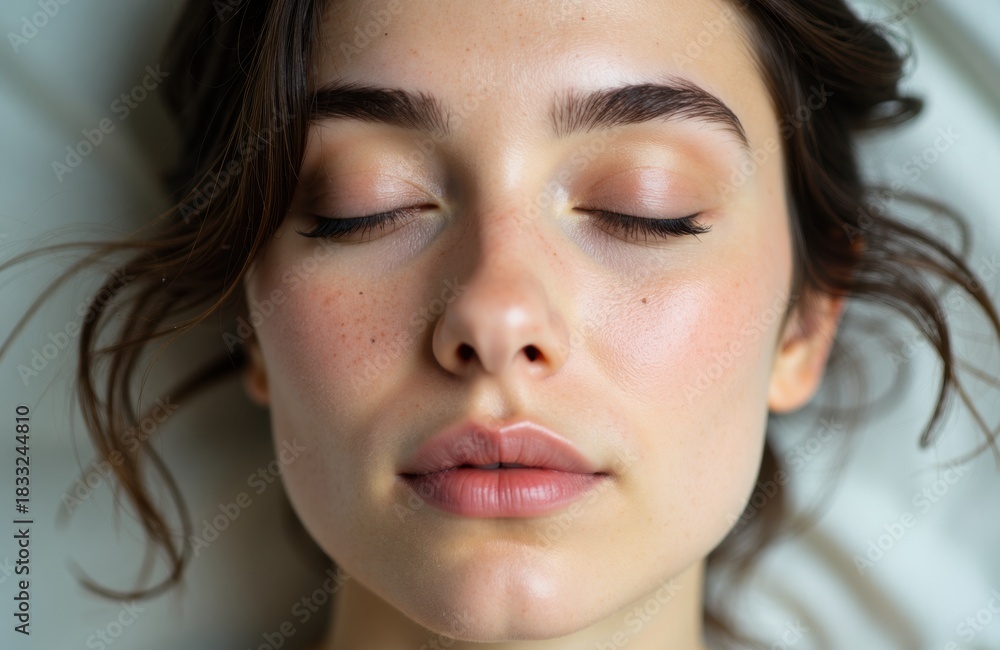 Fototapeta premium Woman with closed eyes relaxing on a soft pillow in natural light and calm ambiance