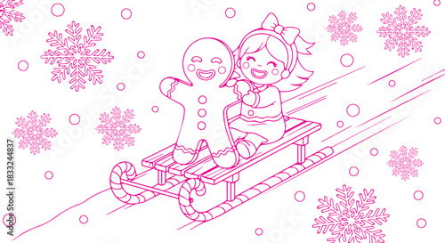 Gingerbread man and girl enjoy a winter sled ride with falling snow in the night on transparent background