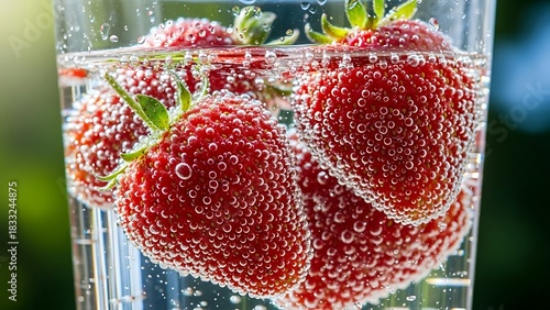 Sparkling Strawberries - A Refreshing Summer Treat in Clear Water.