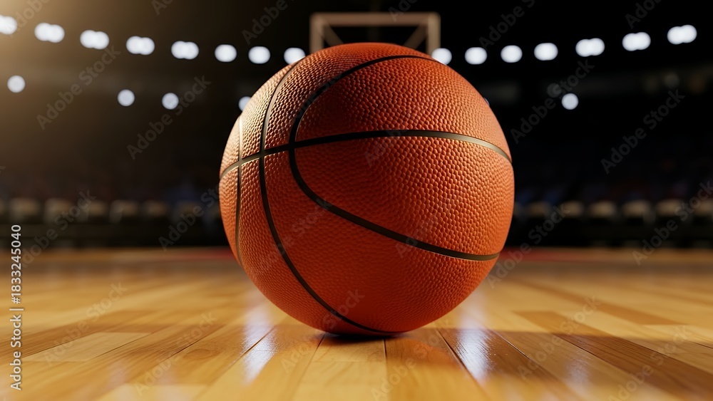 Obraz premium Professional basketball on a polished wooden court under bright stadium lights, symbolizing sports competition, athletic passion, and the thrill of the game