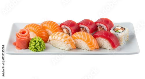 Isolated dish with Japanese salmon nigiri sushi, maki, tuna sushi rolls, ginger, wasabi