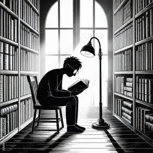 Silhouetted reader sits in a cozy chair under focused lamplight, immersed in a quiet book.