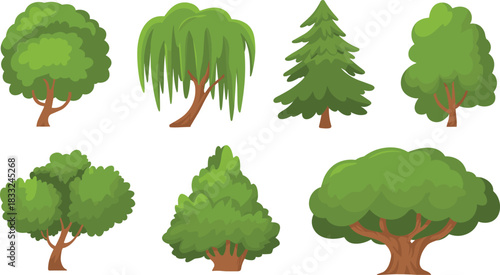 Cartoon tree collection with diverse foliage shapes, trunk styles, and botanical variety for nature-themed design and educational illustration.