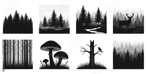 Set of black and white forest silhouettes with deer mushrooms and trees