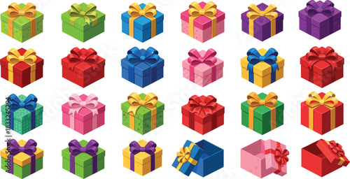 Colorful gift boxes illustration, festive wrapped presents icons, holiday celebration packages, birthday surprise boxes, decorative ribbons, Christmas gifts set, vibrant present collection artwork