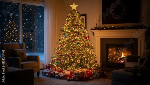 A christmas tree with lights and ornaments in a living room with a fireplace and snow outside the window