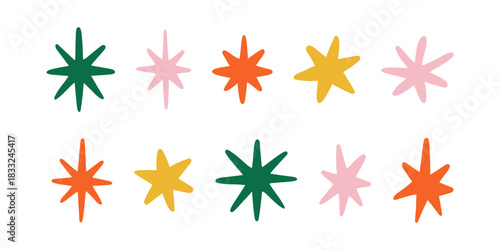 Vibrant trend starburst twinkle stars shapes in orange, green, pink, and yellow on a white background create a cheerful pattern. This vector illustration is ideal for designs needing a colorful
