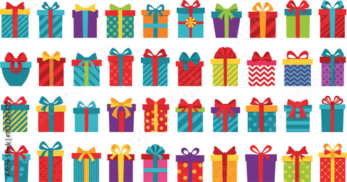 Colorful gift boxes illustration, festive wrapped presents icons, holiday celebration packages, bright ribbon decorations, birthday surprise bundles, vibrant present collection set, 
