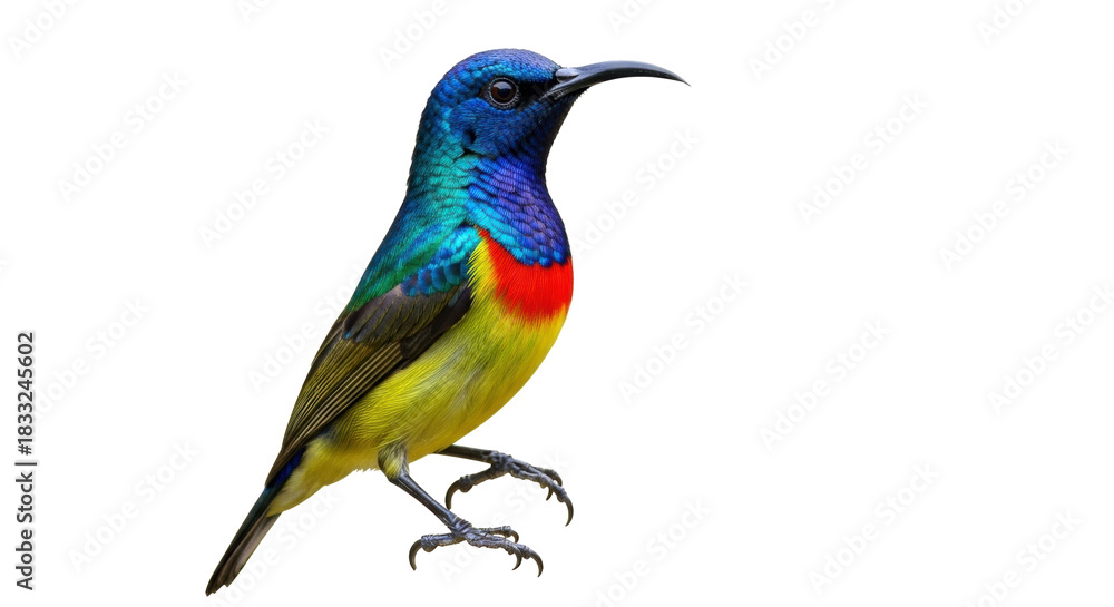 Obraz premium Isolated colorful sunbird perching, with blue, red, and yellow plumage, no background