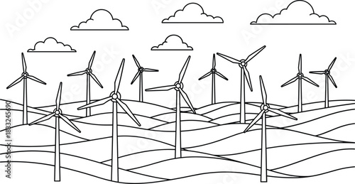 Eco friendly wind turbines on rolling hills generating renewable clean energy in a minimalist line art landscape illustration with clouds, sustainability concept design