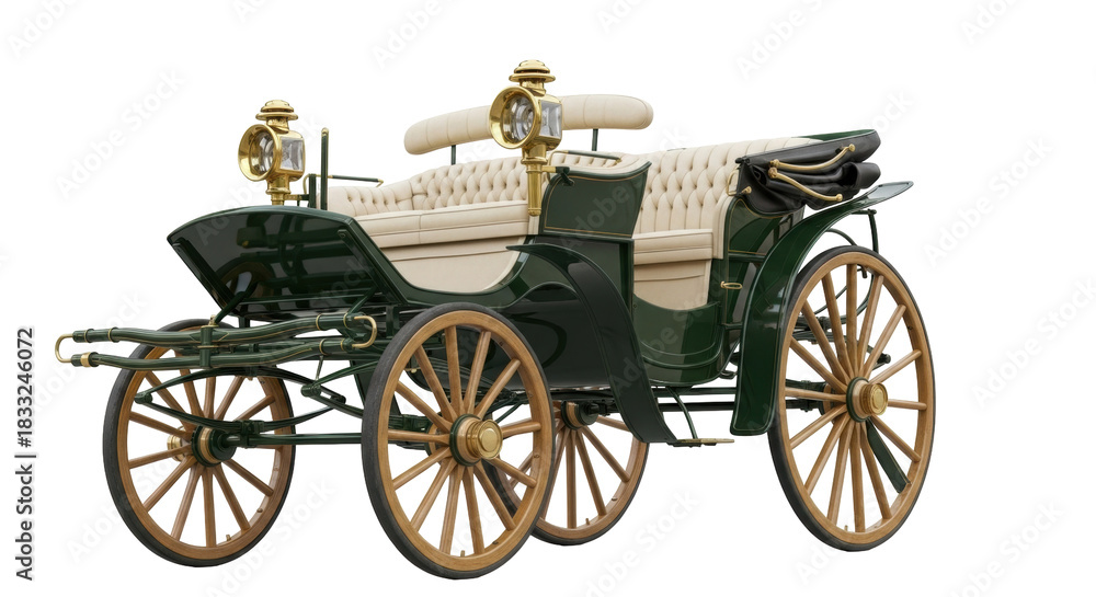 Fototapeta premium Isolated vintage carriage, open horseless with padded seating and ornate lighting fixtures