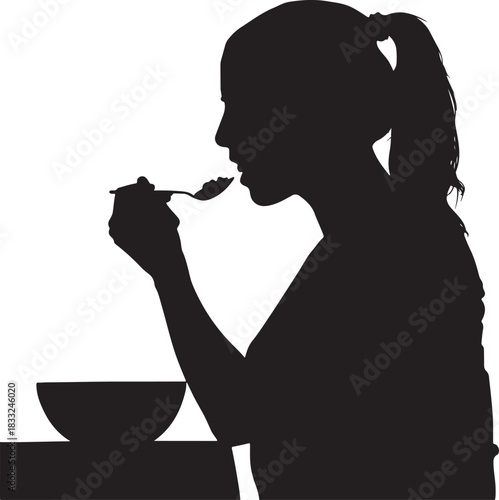 Silhouette of a Woman Eating Cereal from a Bowl with a Spoon on a White Background vector illustration