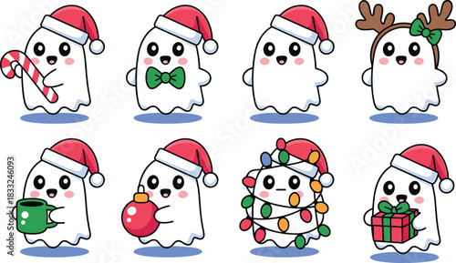 Cute Christmas ghosts in festive costumes with Santa hats, holiday props, cheerful expressions, and whimsical decorations for seasonal celebration.