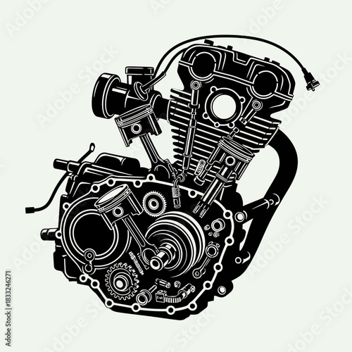 Detailed illustration of a motorcycle engine showcasing internal components.