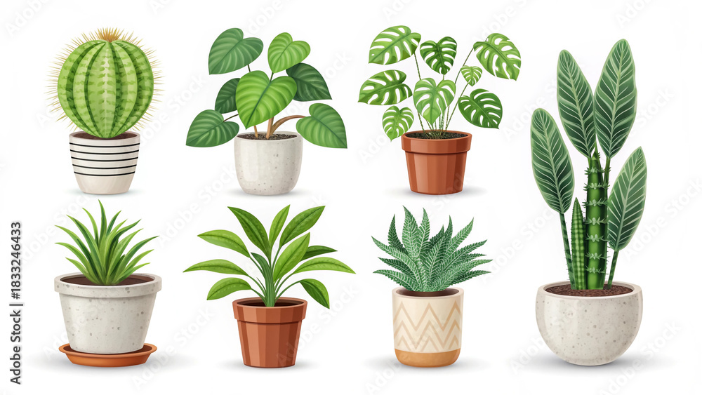 Fototapeta premium Assorted indoor plants in pots vector illustration home decor houseplants