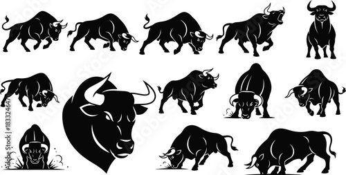 Collection of black bull silhouettes in various poses on white background
