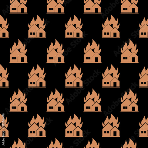 Fire in burning house seamless pattern isolated on black background