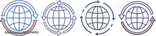 Global trade icon featuring earth globe and arrows showing international commerce logistics movement in clean line style