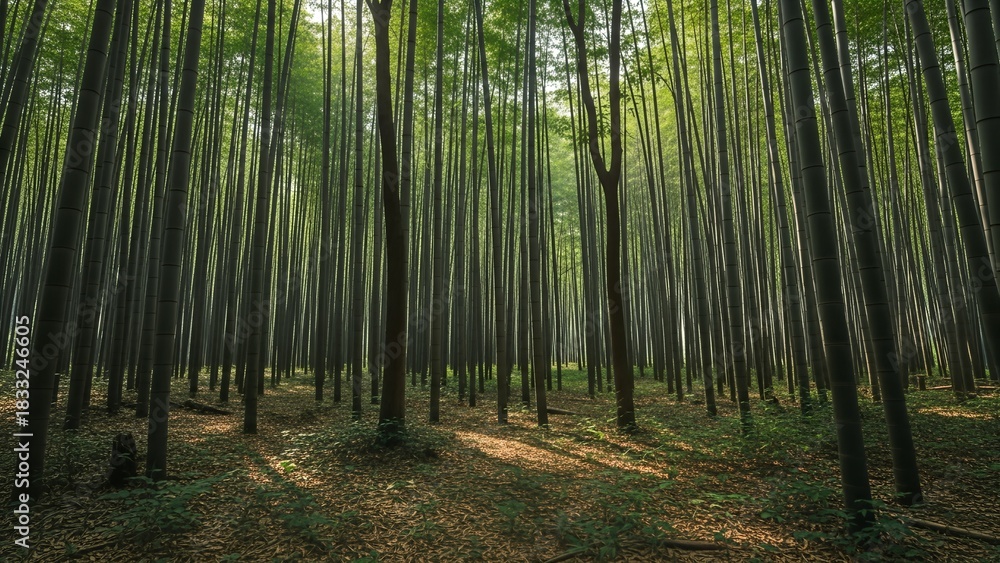 Obraz premium Sunlight streams through the high canopy of a dense, tranquil forest with tall, straight trees.