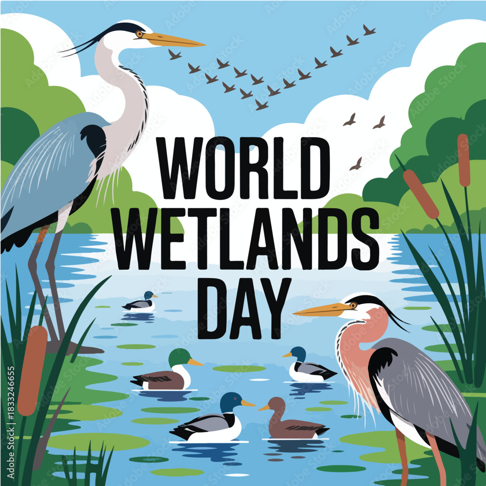 Naklejka premium World Wetlands Day Celebration with Herons and Ducks