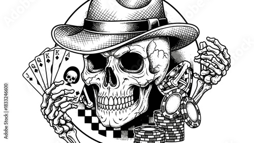 Detailed black and white illustration of a skull wearing a fedora hat, holding a royal flush poker hand and casino chips, depicting a gambling theme.
