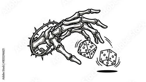 A skeletal hand with a spiked bracelet dropping two dice, illustrating themes of chance, fate, and gaming in a black and white illustrative style.