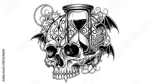 Detailed skull illustration with intricate designs, an hourglass, bat wings, and swirling decorative elements.