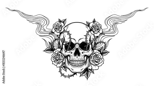 Skull surrounded by roses and thorns, with stylized smoke or wings emanating from the sides.