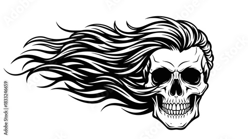 A black and white illustration of a skull with flowing hair, a detailed design.